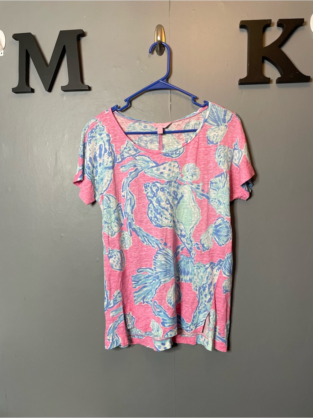 LILLY PULITZER MIKELA 100% LINEN TOP PINK POUT BAREFOOT PRINCESS SHELLS SIZE S